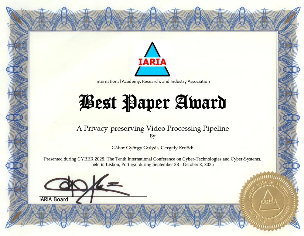 A CYBER 2025 konferencia Best Paper Award oklevele