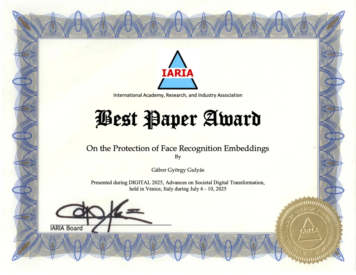 A DIGITAL 2025 konferencia Best Paper Award oklevele